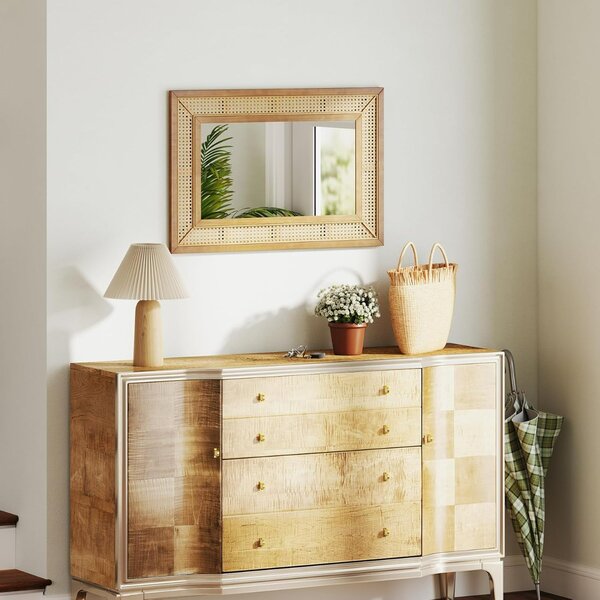 Costway Specchio da parete in rattan con cornice in legno, Specchio decorativo rotondo bohemien da parete 90 x 60 cm