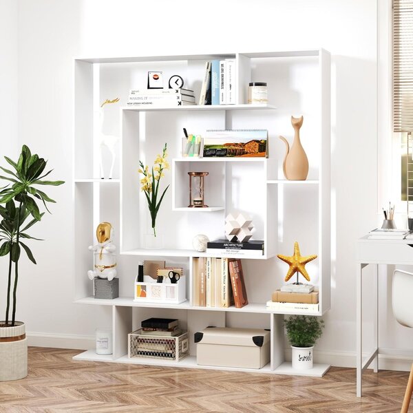 Costway Libreria a 7 ripiani scaffale geometrico con 2 kit anti-ribaltamento, Organizzatore di libri da pavimento Bianco