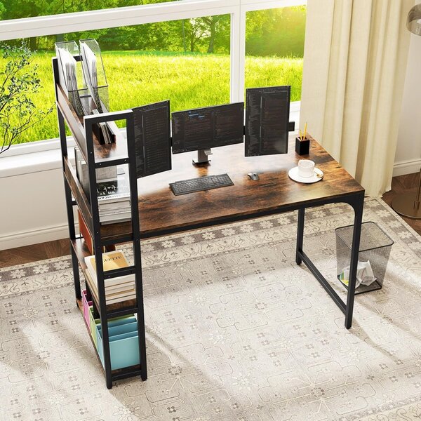 Costway Scrivania per computer con ciabatta elettrica e 2 porte USB, Scrivania studio da 120 CM con mensola uscite AC Marrone Rustico & Nero