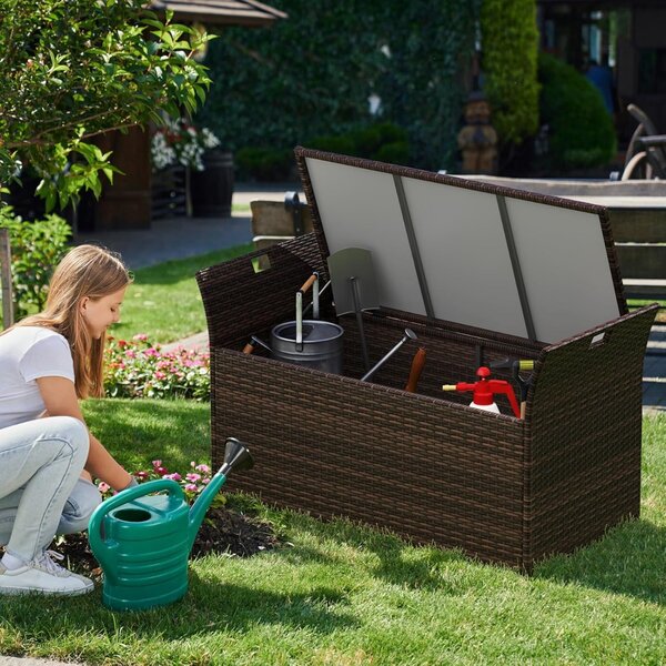 Costway Panca da giardino con rattan pe per 2 persone, Panca da giardino per piscina terrazza giardino Marrone+Grigio