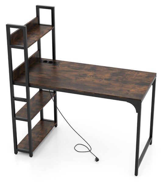 Costway Scrivania per computer con ciabatta elettrica e 2 porte USB, Scrivania studio da 120 CM con mensola uscite AC Marrone Rustico & Nero