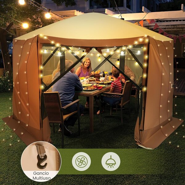 Costway Tenda gazebo da esterno per campeggio e pareti in rete, Tenda hub a 6 lati con montaggio istantaneo Caffè