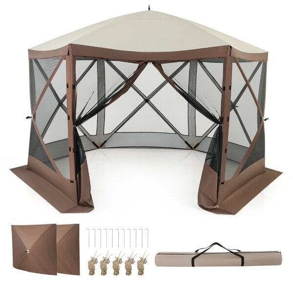 Costway Tenda gazebo da esterno per campeggio e pareti in rete, Tenda hub a 6 lati con montaggio istantaneo Caffè
