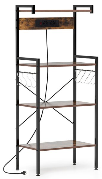 Costway Scaffale da cucina con prese di corrente, Supporto per microonde a 4 livelli con 8 ganci a S Marrone rustico