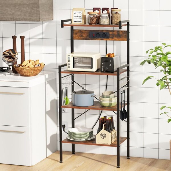 Costway Scaffale da cucina con prese di corrente, Supporto per microonde a 4 livelli con 8 ganci a S Marrone rustico