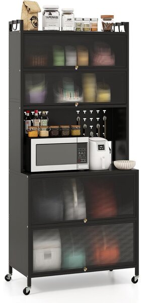 Costway Armadio cucina 6 livelli buffet credenza, Porte ribalta supporto microonde pannello forato ganci Nero