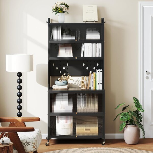 Costway Armadio cucina 6 livelli buffet credenza, Porte ribalta supporto microonde pannello forato ganci Nero