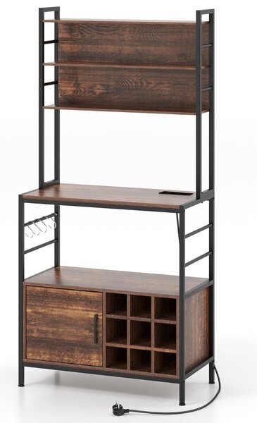 Costway Scaffale da cucina da 170 cm con presa elettrica, Mobile per bar del caffè con ganci a S e supporti per bottiglie di vino Marrone Rustico