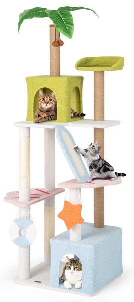 Costway Albero per gatti alto torre a più livelli a tema spiaggia per gatti, Albero per gatti alto 180 cm Verde+Blu+Bianco