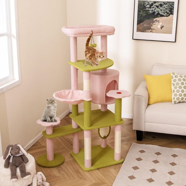 Costway Albero per gatti alto torre a più livelli con piattaforma superiore imbottita, Albero per gatti e pannello Rosa+Verde