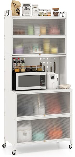 Costway Armadio cucina 6 livelli buffet credenza, Porte ribalta supporto microonde pannello forato ganci Bianco