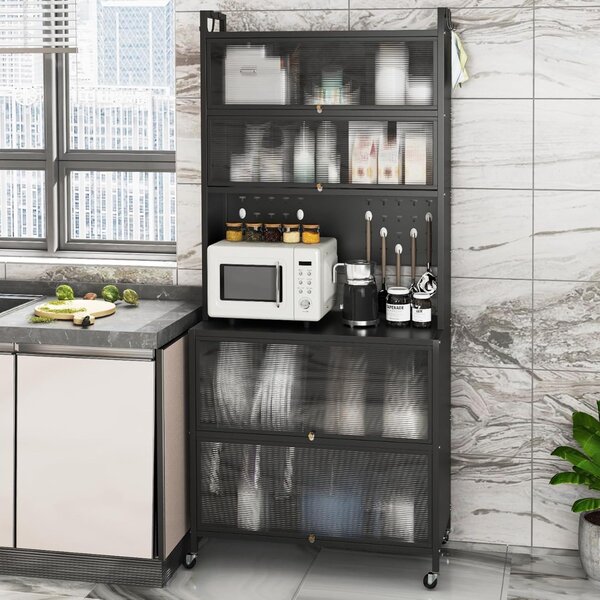 Costway Armadio cucina 6 livelli buffet credenza, Porte ribalta supporto microonde pannello forato ganci Nero