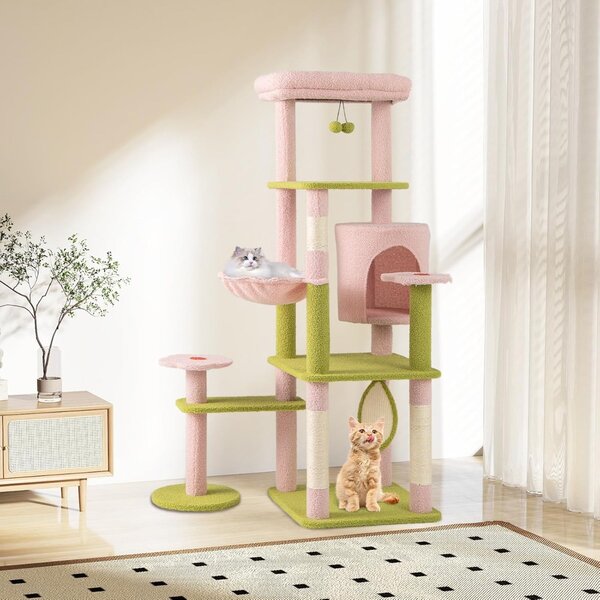 Costway Albero per gatti alto torre a più livelli con piattaforma superiore imbottita, Albero per gatti e pannello Rosa+Verde