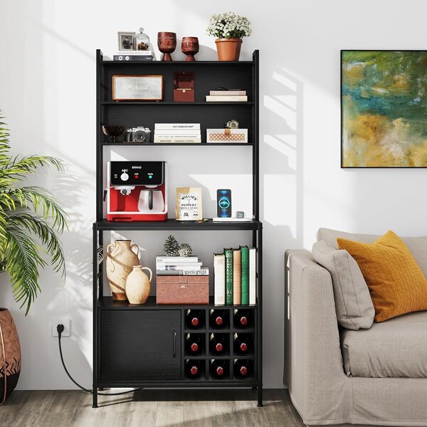 Costway Scaffale da cucina da 170 cm con presa elettrica, Mobile per bar del caffè con ganci a S e supporti per bottiglie di vino Nero