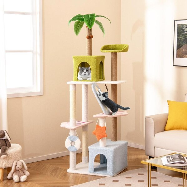 Costway Albero per gatti alto torre a più livelli a tema spiaggia per gatti, Albero per gatti alto 180 cm Verde+Blu+Bianco