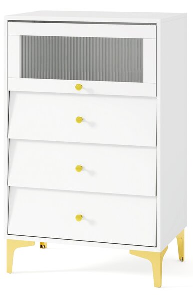 Costway Comò 3 cassetti mobiletto moderno con porta in vetro a ribalta e cassetti estraibili, Gambe in metallo dorato e design anti-ribaltamento Bianco