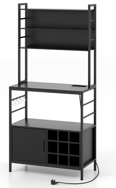 Costway Scaffale da cucina da 170 cm con presa elettrica, Mobile per bar del caffè con ganci a S e supporti per bottiglie di vino Nero