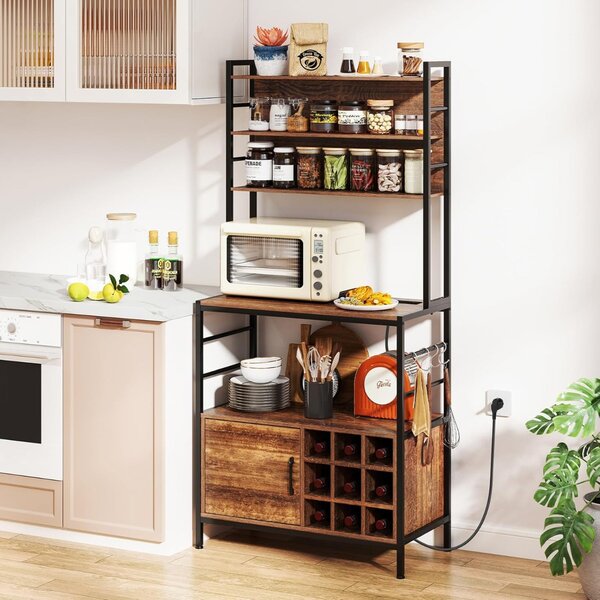 Costway Scaffale da cucina da 170 cm con presa elettrica, Mobile per bar del caffè con ganci a S e supporti per bottiglie di vino Marrone Rustico