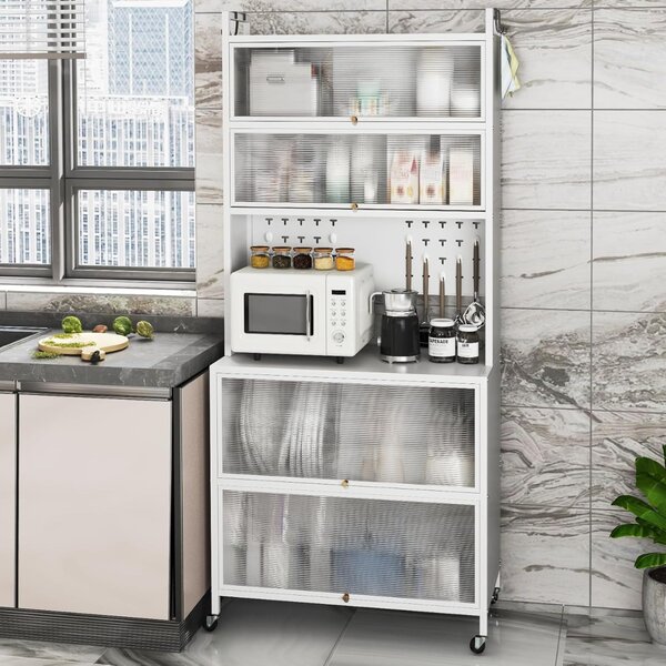 Costway Armadio cucina 6 livelli buffet credenza, Porte ribalta supporto microonde pannello forato ganci Bianco