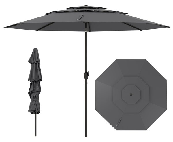 Costway Ombrellone da patio a 3 livelli con ventilazione, Grande ombrellone da tavolo con meccanismo Grigio