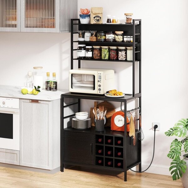 Costway Scaffale da cucina da 170 cm con presa elettrica, Mobile per bar del caffè con ganci a S e supporti per bottiglie di vino Nero