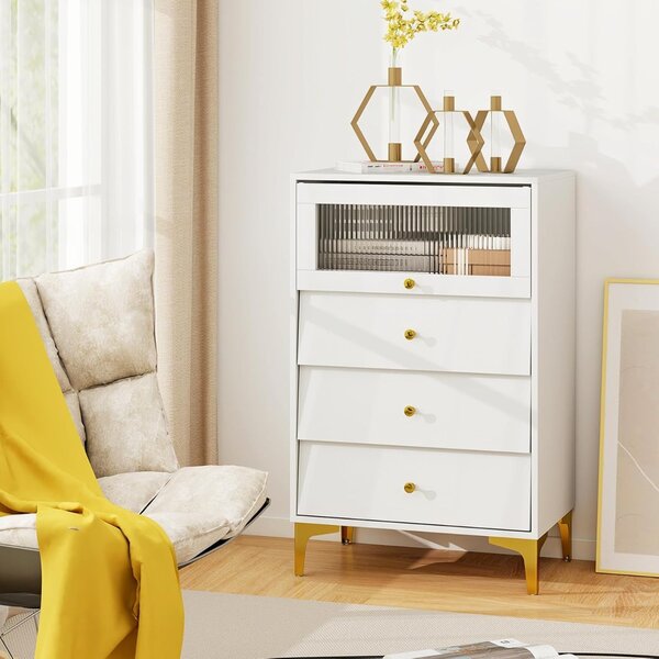 Costway Comò 3 cassetti mobiletto moderno con porta in vetro a ribalta e cassetti estraibili, Gambe in metallo dorato e design anti-ribaltamento Bianco