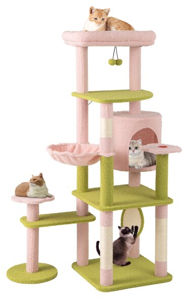 Costway Albero per gatti alto torre a più livelli con piattaforma superiore imbottita, Albero per gatti e pannello Rosa+Verde