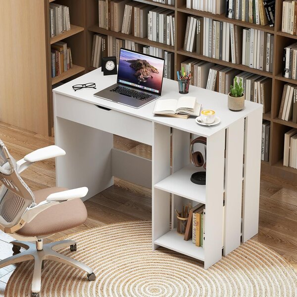 Costway Scrivania per computer con piano sollevabile, Scrivania moderna per laptop con scomparto nascosto e 2 ripiani aperto Bianco