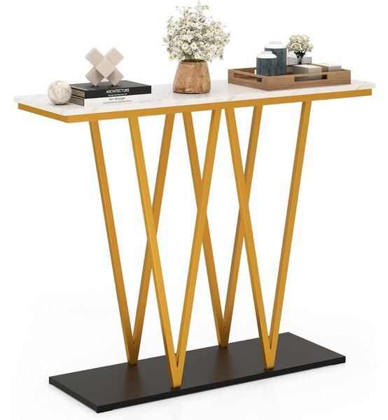 Costway Tavolo console moderno da 100 cm con piano in marmo finto e struttura in metallo, Tavolo da ingresso Bianco + Oro