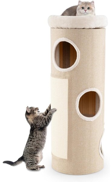 Costway Casa per gatti a 4 piani con letto a caverna elevato, Tavoletta per graffi e altro ideale per più gatti Bianco + Naturale