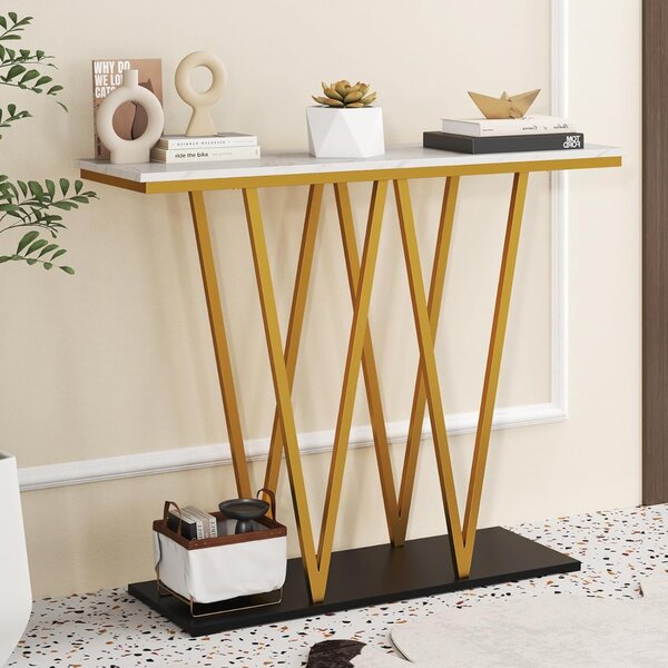 Costway Tavolo console moderno da 100 cm con piano in marmo finto e struttura in metallo, Tavolo da ingresso Bianco + Oro