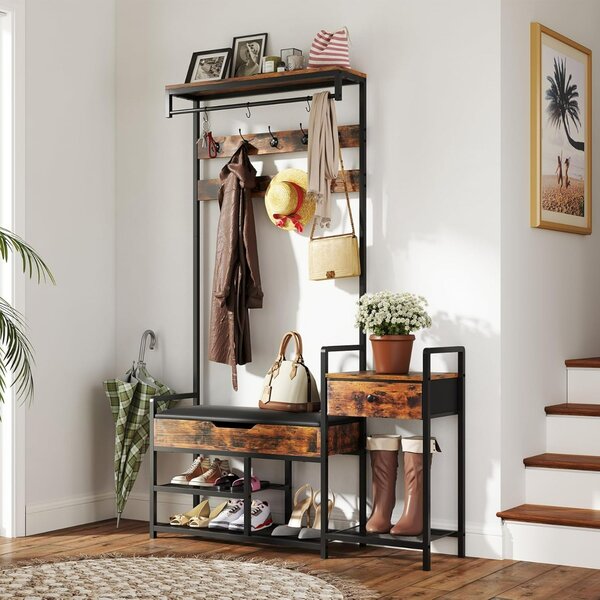 Costway Appendiabiti da terra 178 cm con scaffale per scarpe, Appendiabiti industriale con 12 ganci e cassetti e panchina Marrone Rustico