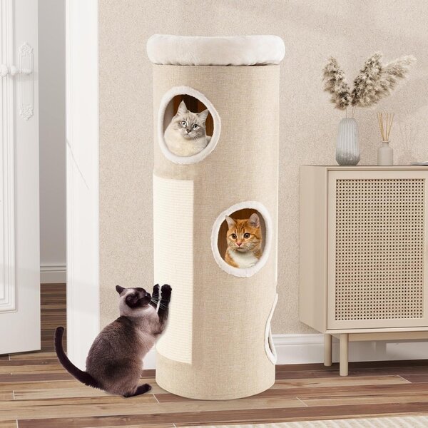 Costway Casa per gatti a 4 piani con letto a caverna elevato, Tavoletta per graffi e altro ideale per più gatti Bianco + Naturale