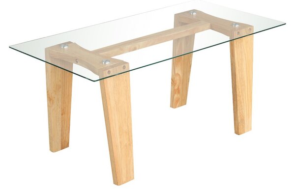 Costway Tavolino da caffè in vetro con gambe in legno di gomma massiccio, Tavolino centrale rettangolare da 100 CM Naturale