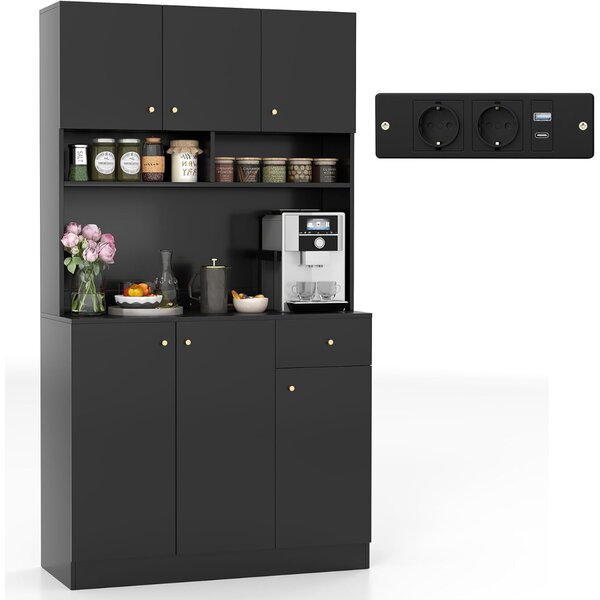 Costway Armadio alto 181cm armadio da cucina con prese e porte usb, Ripiani regolabili in 3 posizioni Nero