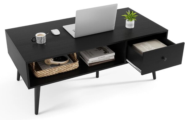 Costway Tavolino moderno mid-century con 1 cassetto e mensola, Tavolino da caffè per salone e reception Nero
