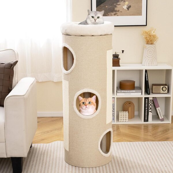Costway Casa per gatti a 4 piani con letto a caverna elevato, Tavoletta per graffi e altro ideale per più gatti Bianco + Naturale