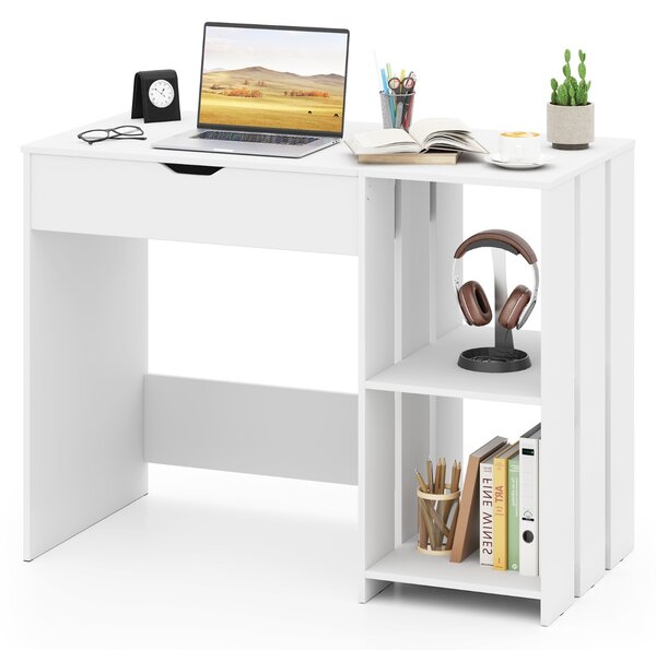 Costway Scrivania per computer con piano sollevabile, Scrivania moderna per laptop con scomparto nascosto e 2 ripiani aperto Bianco