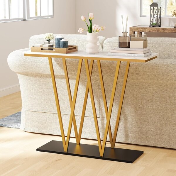 Costway Tavolo console moderno da 100 cm con piano in marmo finto e struttura in metallo, Tavolo da ingresso Bianco + Oro