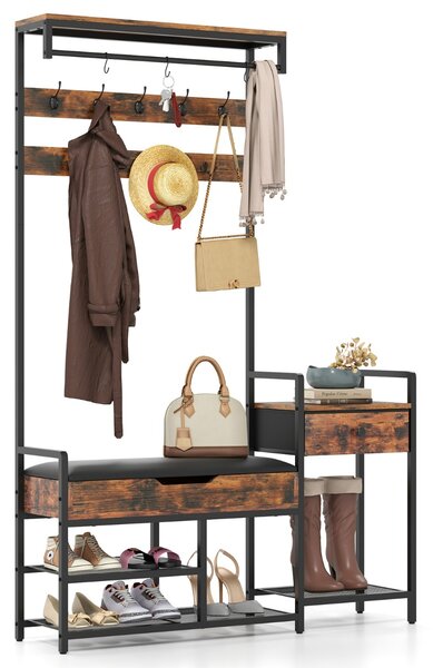Costway Appendiabiti da terra 178 cm con scaffale per scarpe, Appendiabiti industriale con 12 ganci e cassetti e panchina Marrone Rustico