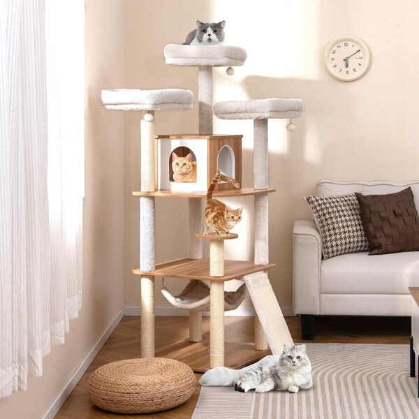 Costway Albero per gatti alto 168 cm con 3 piattaforme, Torre multi - livello con accessori per gatti da interno