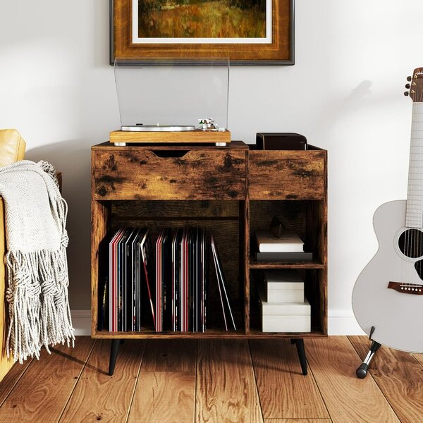 Costway Tavolo record in vinile con cassetto estraibile, Supporto per giradischi per soggiorno e camera da letto Marrone Rustico