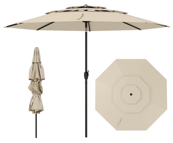 Costway Ombrellone da patio a 3 livelli con ventilazione, Grande ombrellone da tavolo con meccanismo Beige
