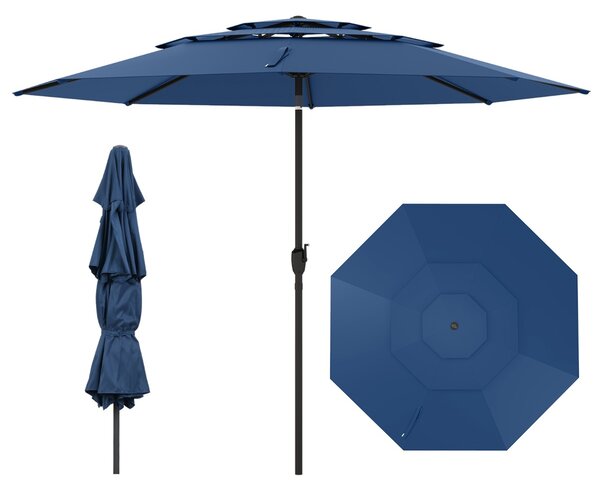 Costway Ombrellone da patio a 3 livelli con ventilazione, Grande ombrellone da tavolo con meccanismo Blu navy