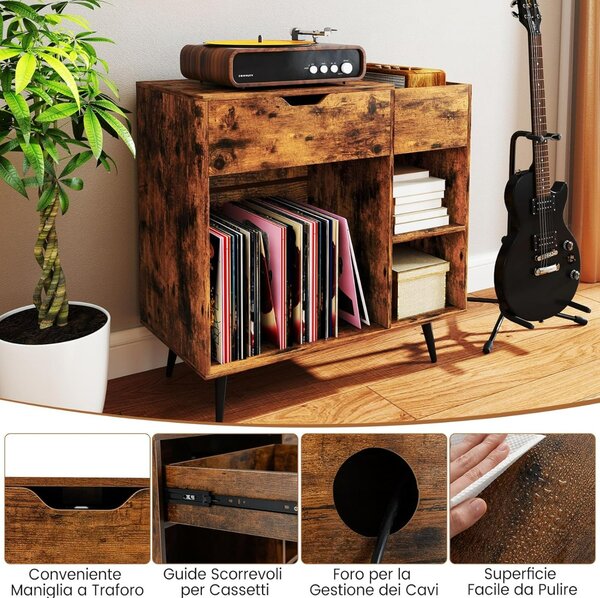 Costway Tavolo record in vinile con cassetto estraibile, Supporto per giradischi per soggiorno e camera da letto Marrone Rustico