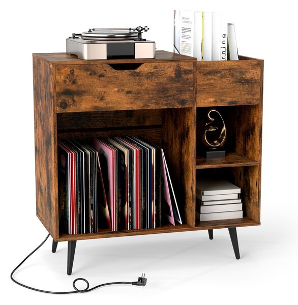 Costway Tavolo record in vinile con cassetto estraibile, Supporto per giradischi per soggiorno e camera da letto Marrone Rustico