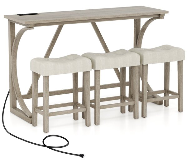 Costway Set tavolo da bar 4 pezzi con presa di corrente, Tavolo da bistro altezza bancone e sgabelli imbottiti a sella Grigio + Beige