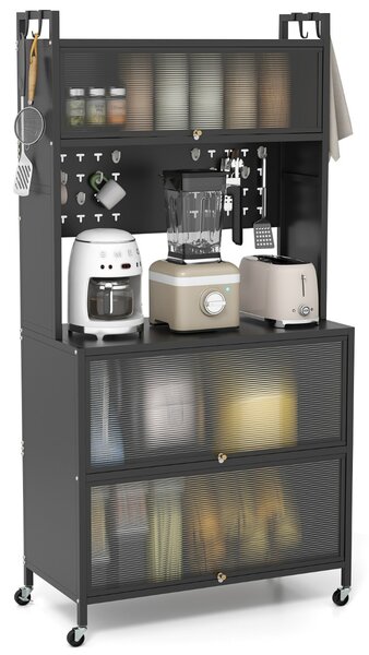 Costway Mobile da cucina rete a 5 ripiani supporto microonde ante a ribalta, Mobile da cucina pannello con ganci Nero