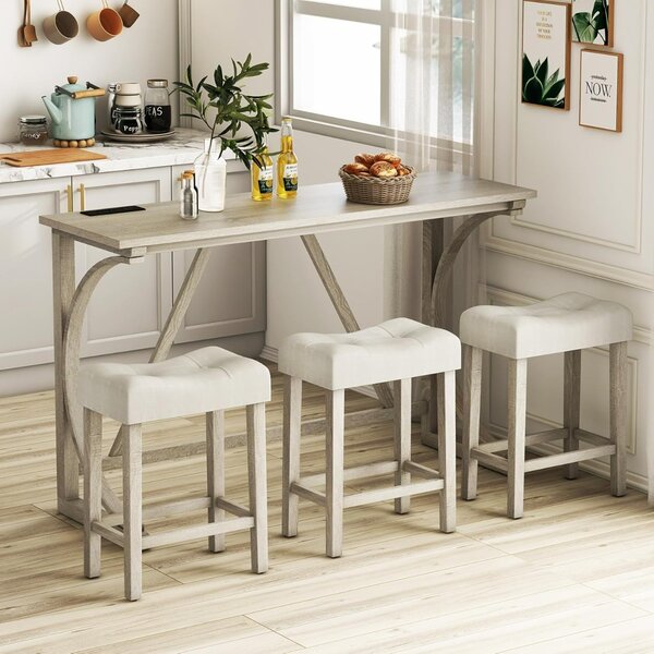 Costway Set tavolo da bar 4 pezzi con presa di corrente, Tavolo da bistro altezza bancone e sgabelli imbottiti a sella Grigio + Beige
