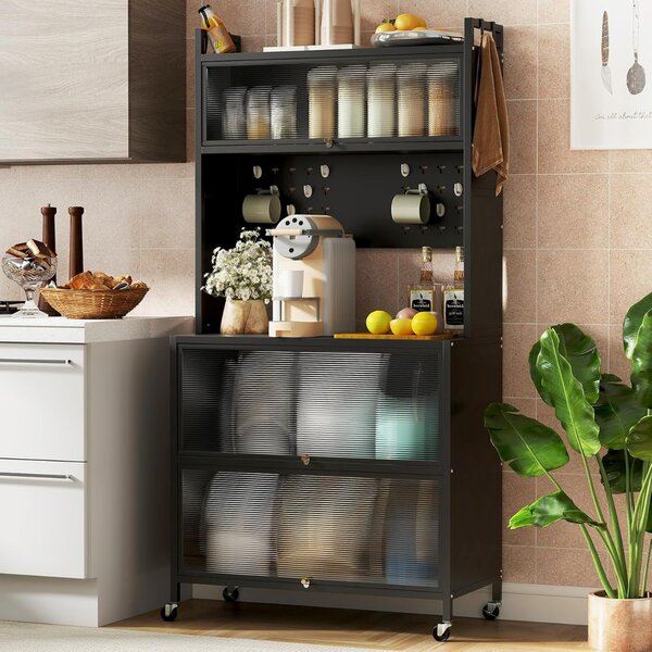Costway Mobile da cucina rete a 5 ripiani supporto microonde ante a ribalta, Mobile da cucina pannello con ganci Nero